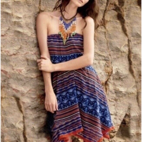 Anthropologie Xs Maeve Urcos Strapless Striped & Patterned Dress In Blue &Orange